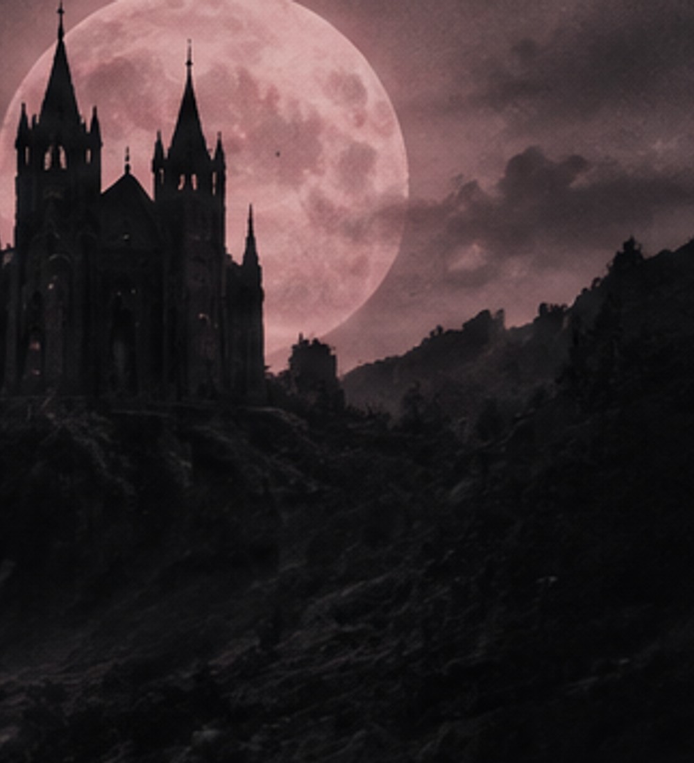A gothic castle beneath a rose-colored moon, from the approved Grimday brand artwork